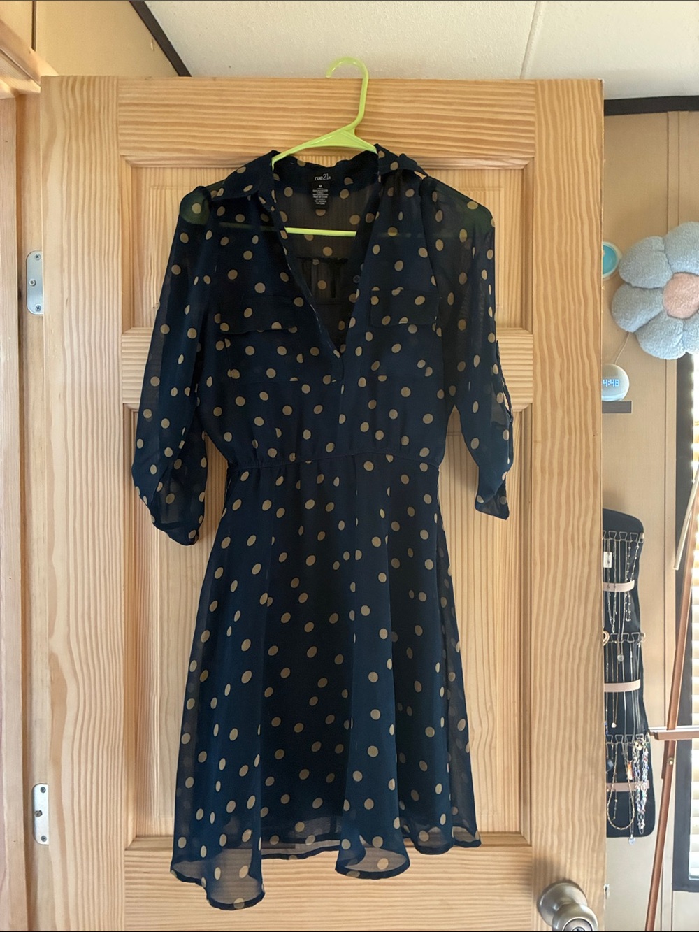 Sheer Polka Dot Long-Sleeve Shirt Dress - Black/Tan